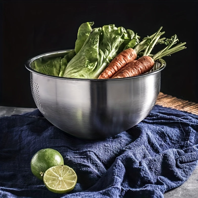 A durable stainless steel colander with fine mesh for straining, featuring a slant bottom draining bowl perfect for washing rice, vegetables, fruits, beans, and pasta. This kitchen colander is designed for quick draining with food-safe materials.