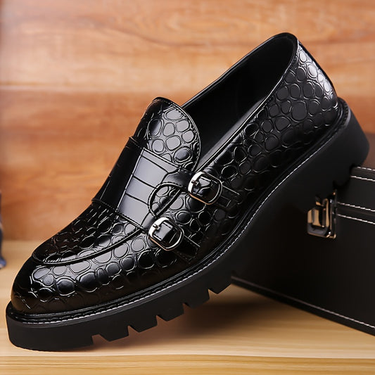 Vintage platform loafers for plus size men with double buckle straps, non-slip microfiber upper.