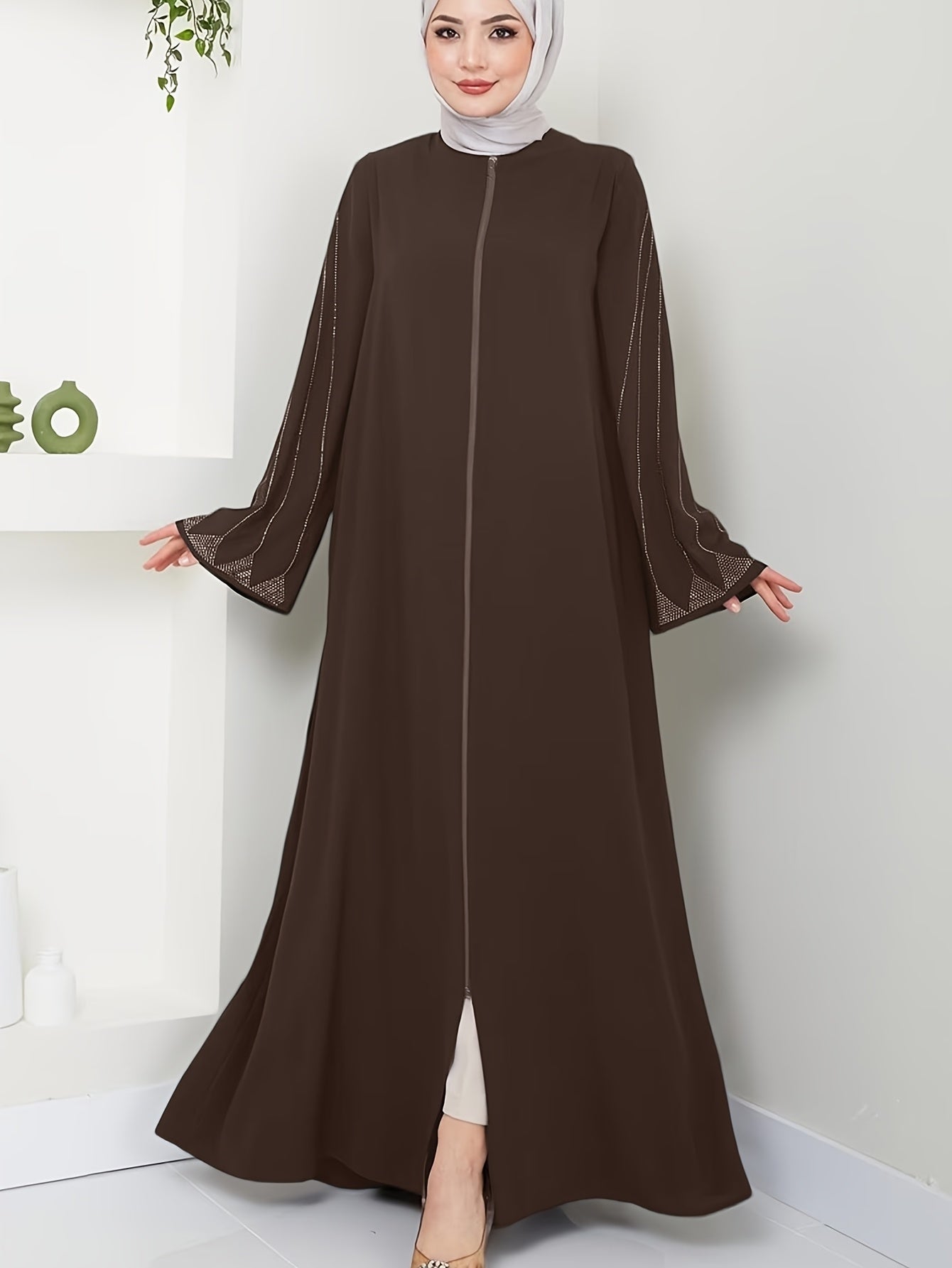 Brown rhinestone-embellished loose fit dress for Muslim women's fashion