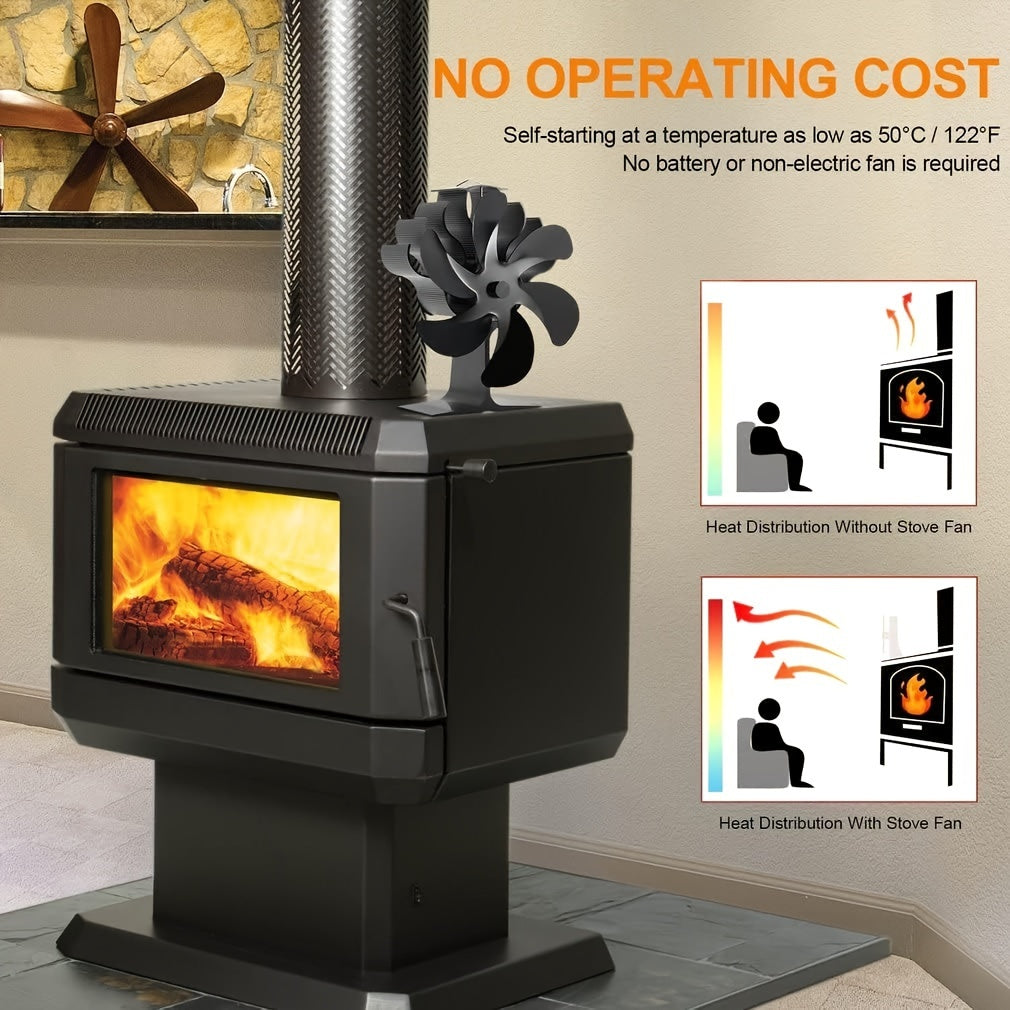 Essential for the fall and winter seasons, this non-electric wood stove fan features six blades to efficiently distribute heat from your wood/gas/log burner stove. A must-have accessory for your fireplace, this heat-powered fan will keep your home warm