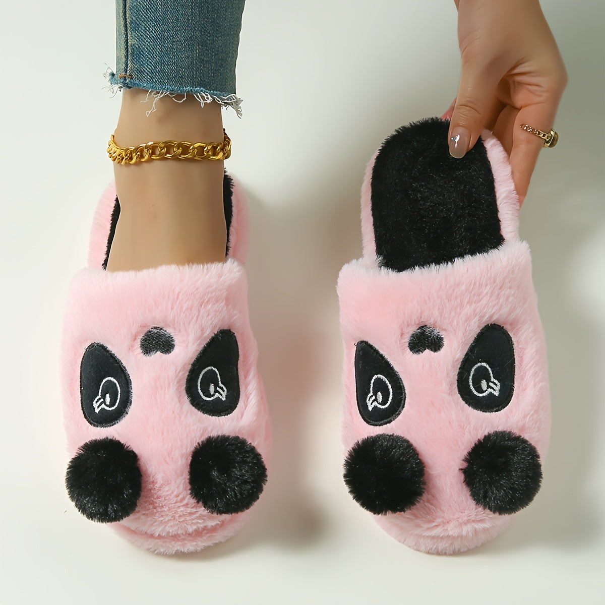 Cozy Panda Cartoon Plush Slippers for Men and Women - Black & White Design with Fluffy Ball Detail, TPR Sole, Hand Washable - Perfect Winter Comfort, Cute Style.