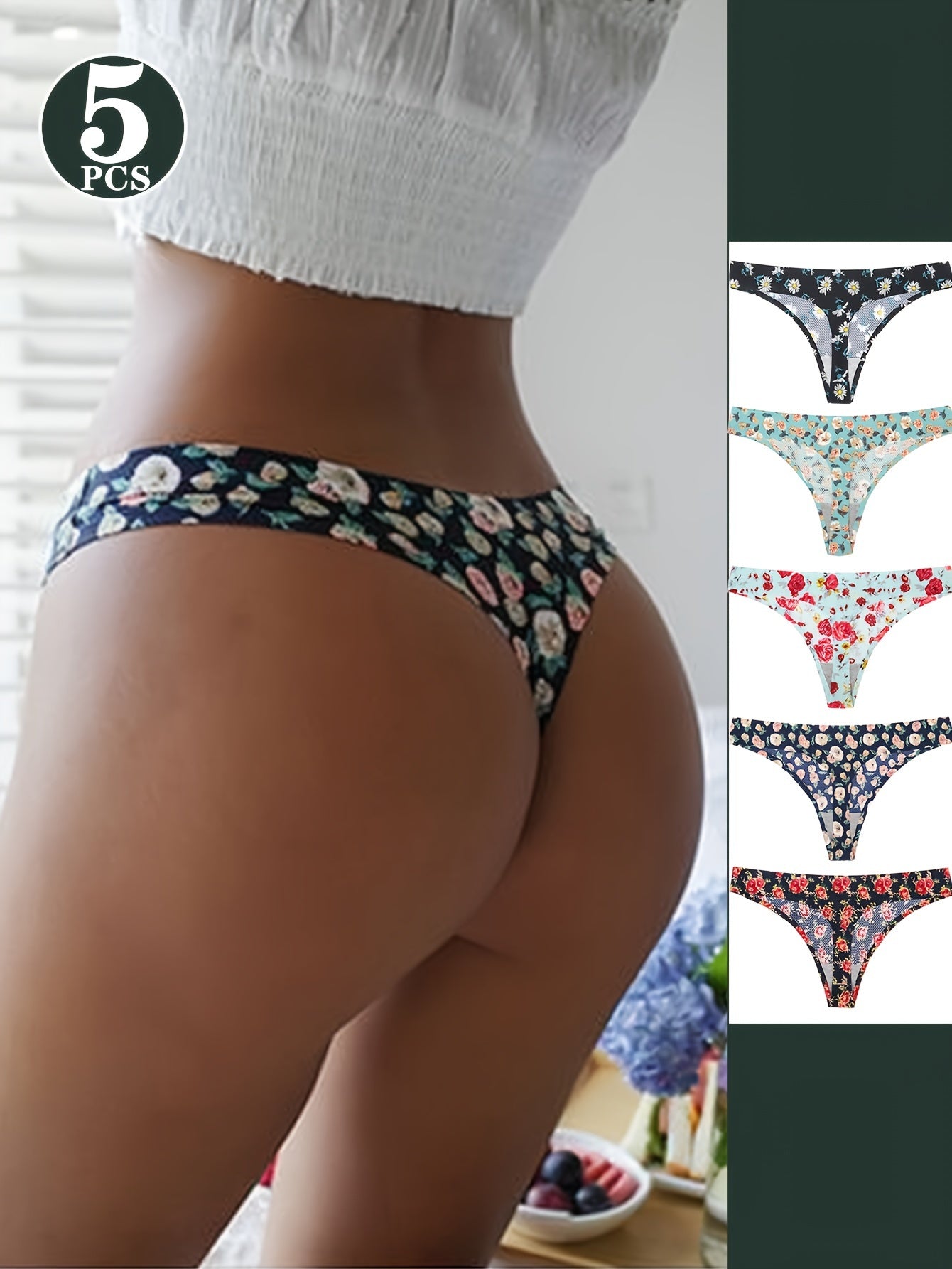 5 Women's Low Waist Thong Panties with Elegant Floral Print - Sexy Lingerie & Underwear for Women