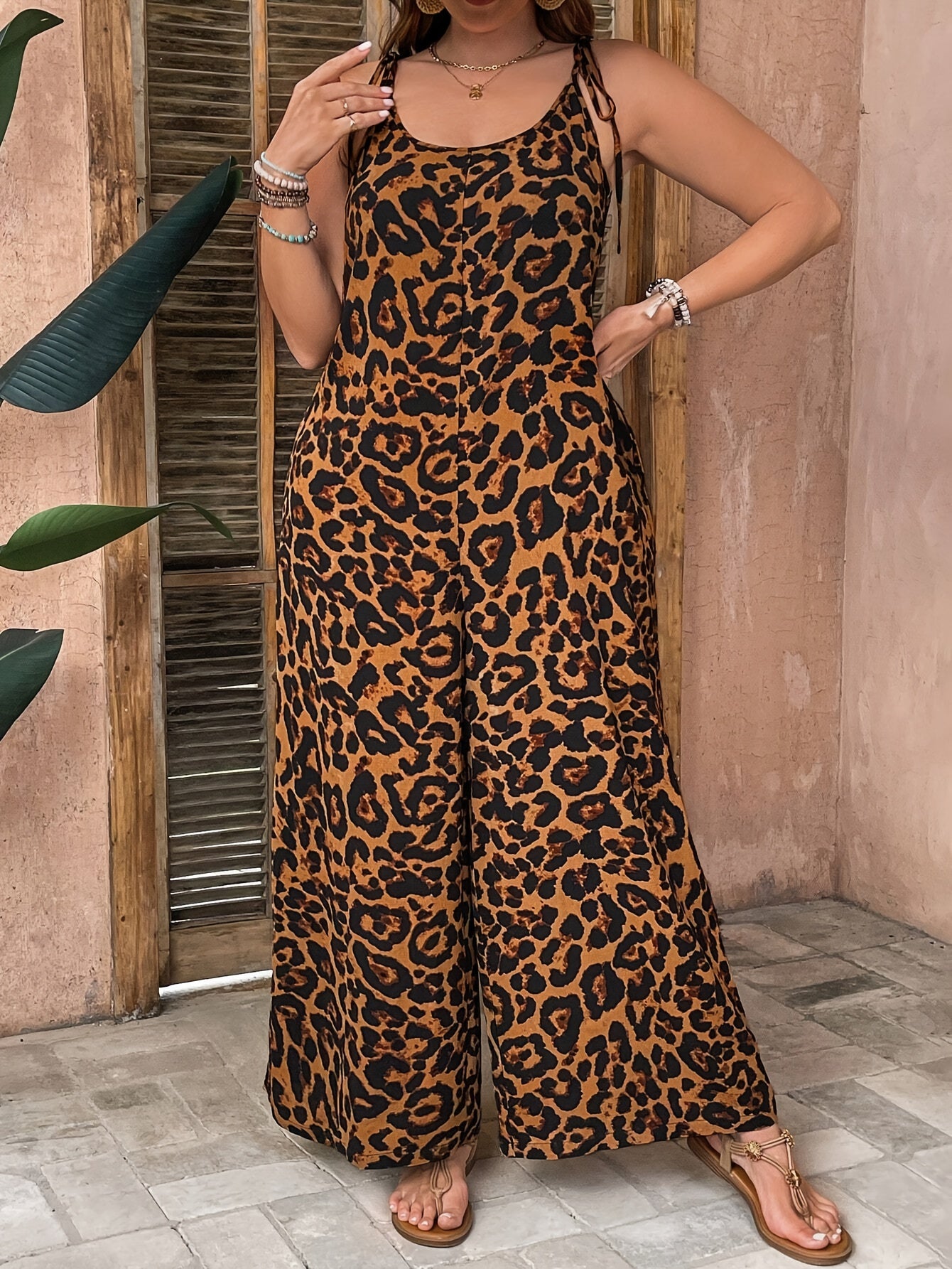 Plus Size Leopard Print Jumpsuit - Scoop neck, knit fabric with stretch, 100% polyester, all-season with pockets, 165 g/m².