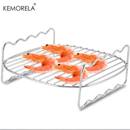 The KEMORELA Air Fryer Rack is a versatile set of 6 accessories designed for use in air fryer ovens. This double-layer rack includes skewers, a baking tray, a replacement BBQ rack, and a bacon fries chicken vegetables baking rack. Compatible with popular