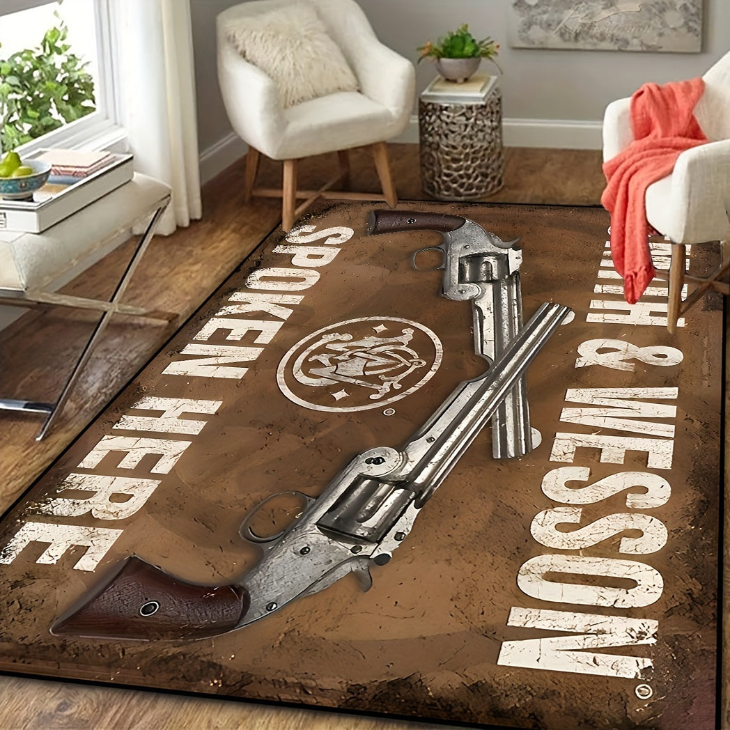 Soft and cozy 1pc Pistol Pattern Area Carpet with non-slip backing. This dirt resistant and machine washable carpet is perfect for both indoor and outdoor use as an entrance door mat or bedroom carpet. Featuring a military theme with denim revolver