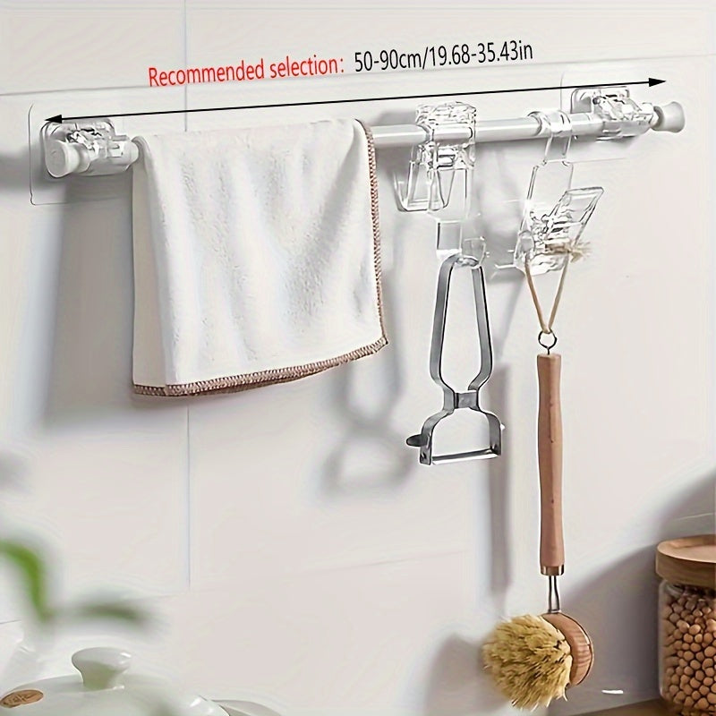 Telescopic rod for multiple uses: shower curtains, drying, hanging clothes, curtains, and more. No drilling required.