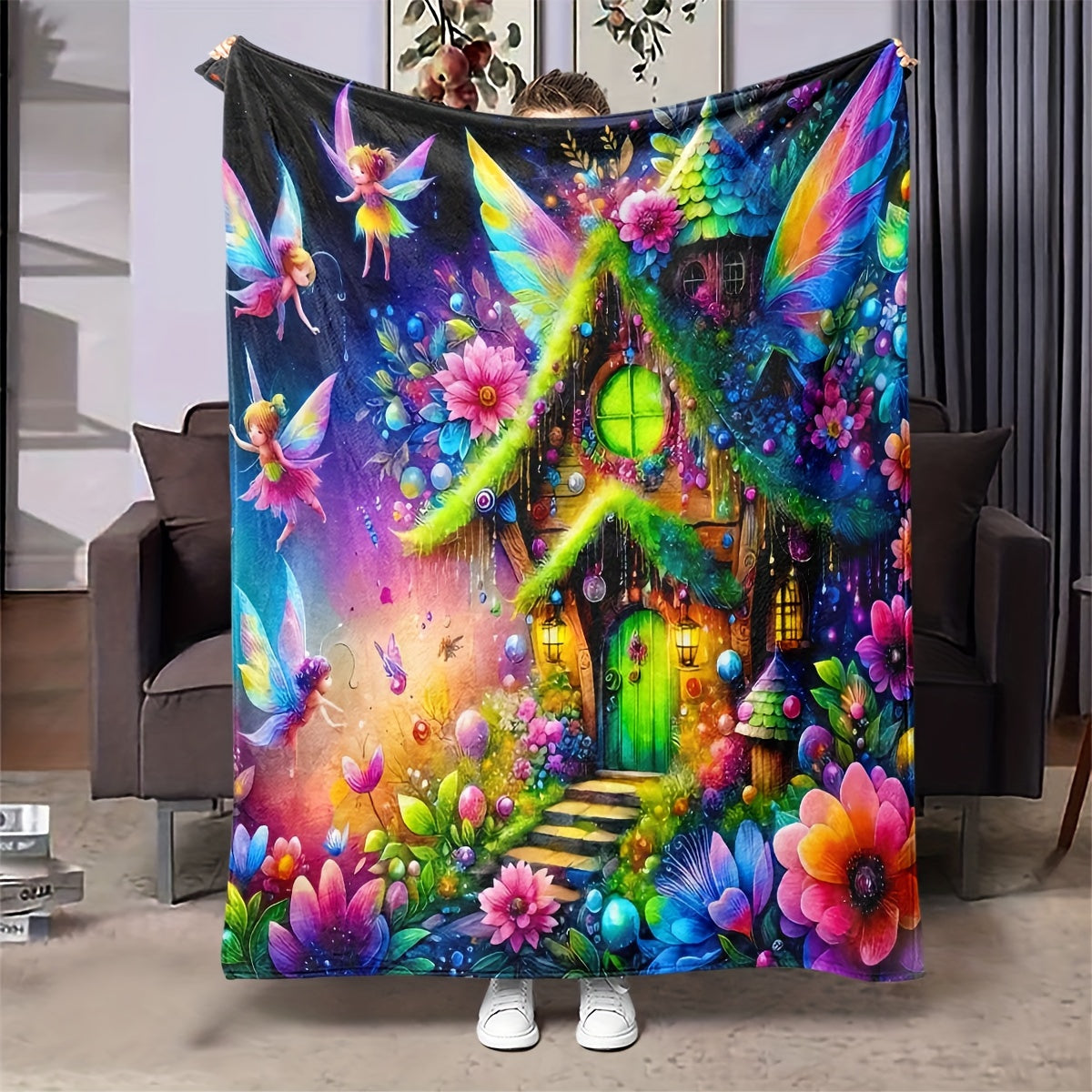 Contemporary Geometric Fantasy Fairy House Digital Print Blanket - Suitable for All Seasons, Made of 100% Polyester, Lightweight 200-250g, 65" x 65" (165cm x 165cm)