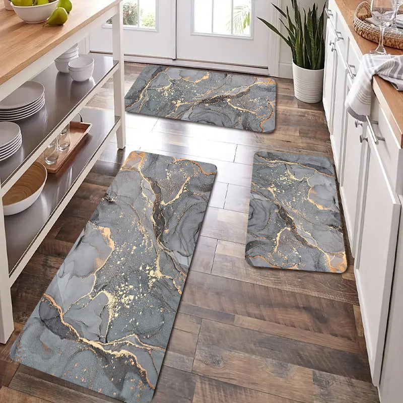 Waterproof floor mat with marble pattern, suitable for various indoor and outdoor spaces. Made of machine washable polyester.