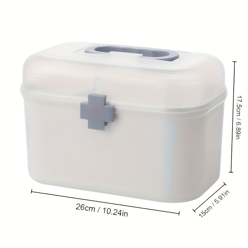 Household dustproof medicine box with large capacity for emergency care. This portable multi-layer plastic box provides storage bins for home organization.