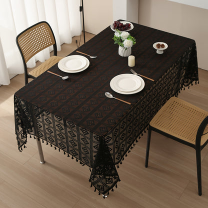 1 American Rustic Beige Crochet Tablecloth with Tassel Cover Towel - Dustproof for home parties and table settings.