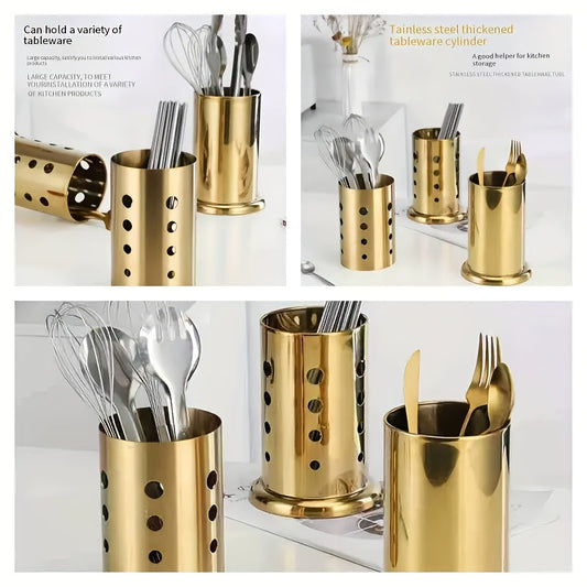 Stylish 1PC Stainless Steel Cutlery Holder with Golden Finish - Organize and Store your Kitchen Utensils Safely in this Food-Safe Caddy for Spoons, Forks, and Knives