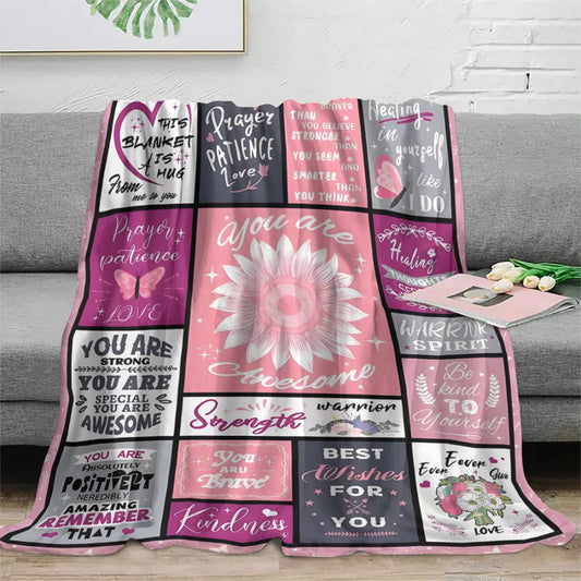 Soft and cozy flannel fleece throw blanket designed specially for women, perfect for post-surgery cancer care. Features an inspirational positive message and a soft comfortable digital print. Made of all-season knitted polyester in a contemporary style