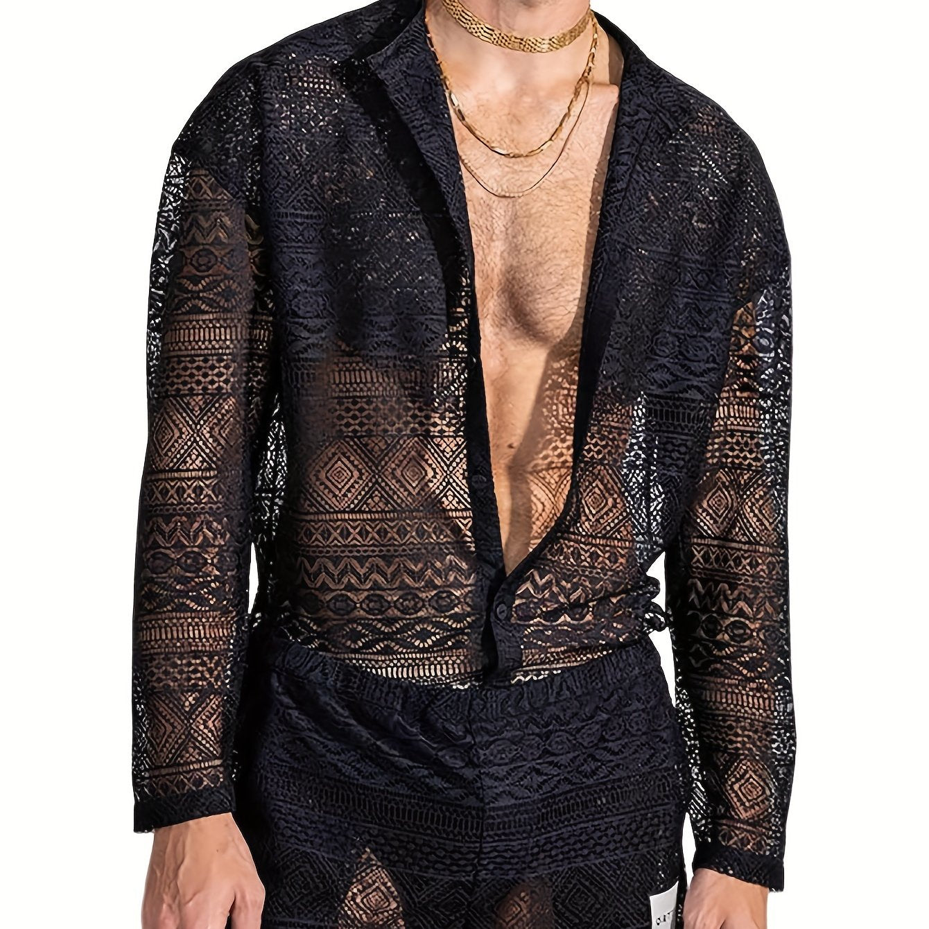 Men's lace sheer shirt + shorts set for beach and night club, perfect for summer.