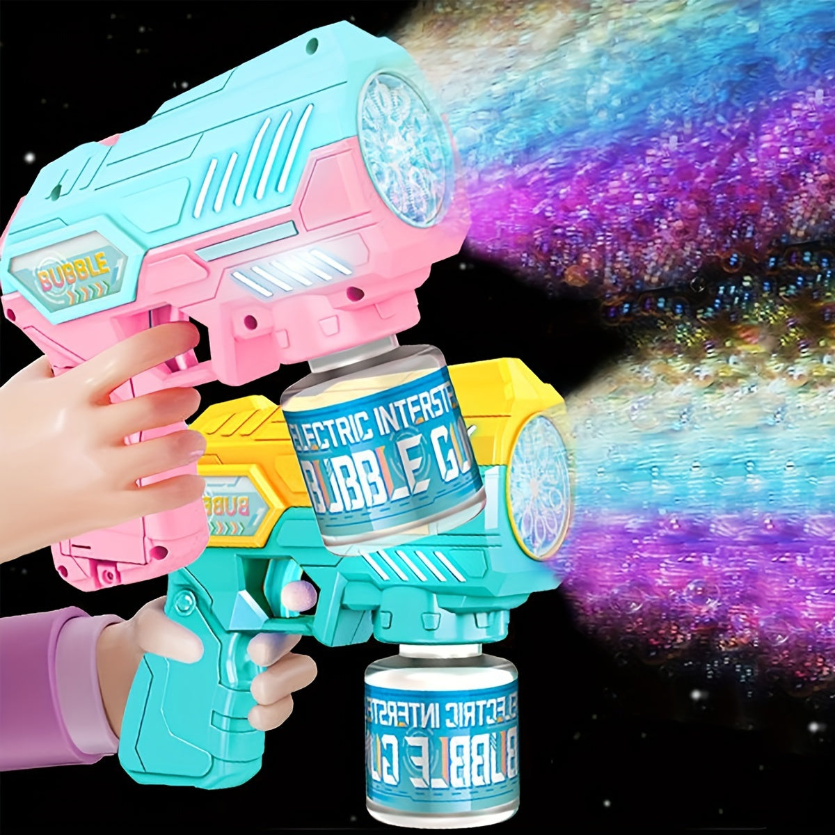 Interstellar Bubble Gun: Easy one-button operation, rapid bubble production, automatic blowing, ages 3-12, portable for outdoor play, no bubble water included.