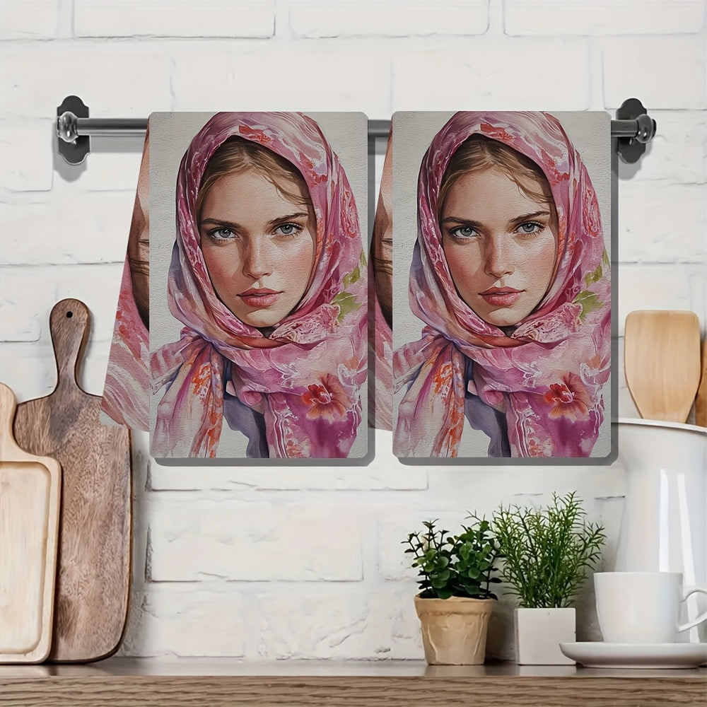 Two pieces of ultra-soft kitchen towels featuring a vibrant floral woman design, with a luxurious silk scarf feel. These towels are highly absorbent, machine washable, and measure 40.64x60.96 cm. Perfect for holiday decor.