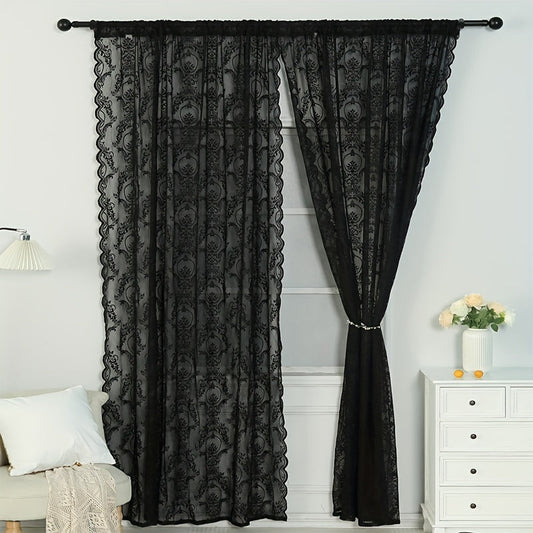 Upgrade your home decor with a sophisticated black lace curtain. Perfect for use in the bedroom, office, kitchen, living room, or study, this rod pocket window treatment will elevate the style and comfort of your home.