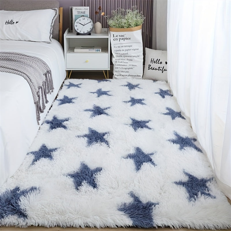 Upgrade your space with a Luxurious Plush Shag Area Mat featuring a stylish star pattern. This soft, fluffy, and non-slip rectangular mat is perfect for the bedroom, living room, or nursery. Easy to care for with machine washable materials, this cozy