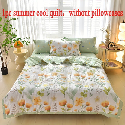 Modern hypoallergenic quilt with floral pattern, plaid pieces, and embellishments. Made of all-season polyester, machine washable, multi-functional, suitable for single/double beds.