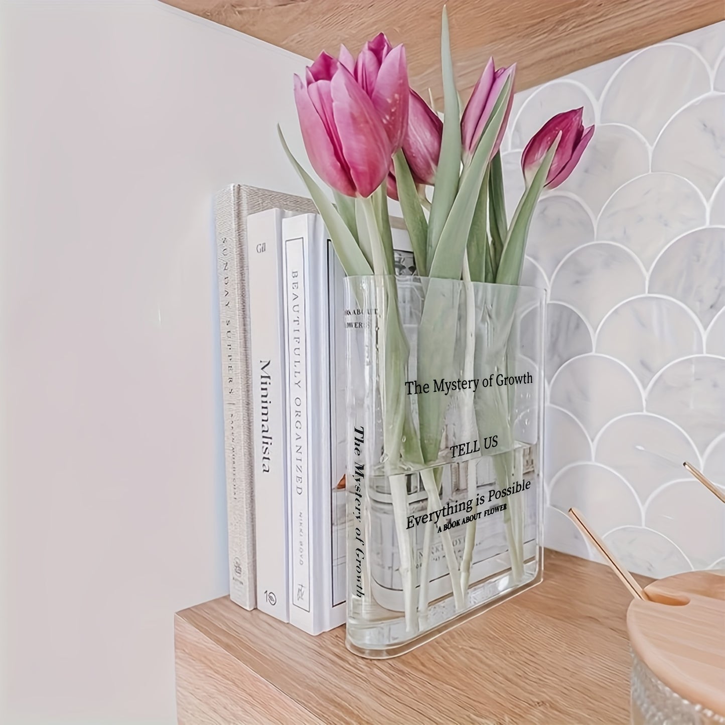 Acrylic transparent book vase, decorative vase holder, aesthetic room decor without flowers.