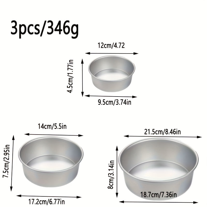 One set includes three round cake baking molds with diameters of 10.16cm, 15.24cm, and 20.32cm. These molds have fixed bottoms and can be used for baking chiffon cakes, jelly puddings, mousses, and more. Perfect for home kitchens, bakeries, and parties