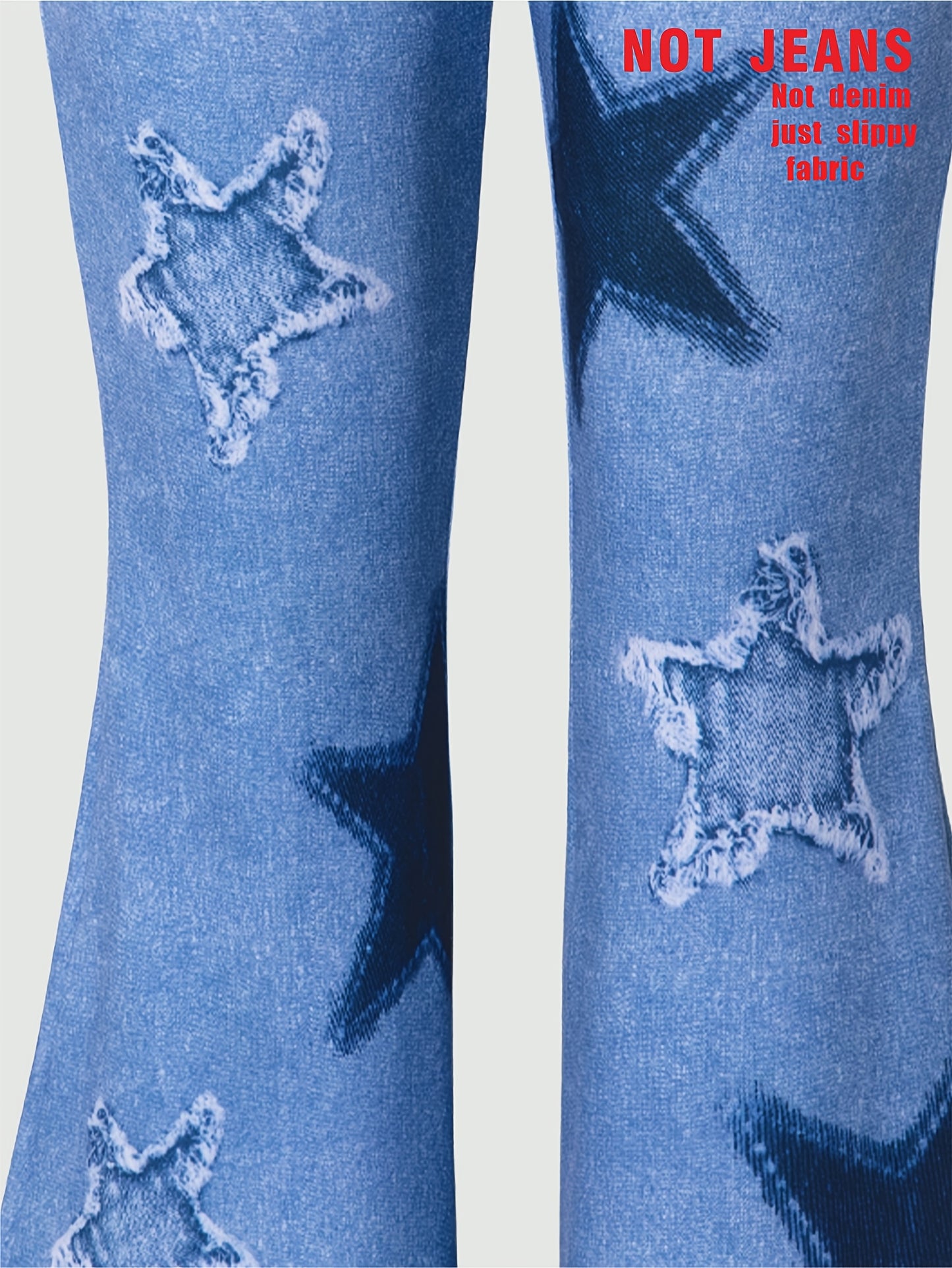 Stretchy flare leg jeans for girls with star print, faux pockets, and bell bottoms. Perfect for spring/fall outfits, parties, and gifts. Made with soft, comfortable blue denim-like fabric.