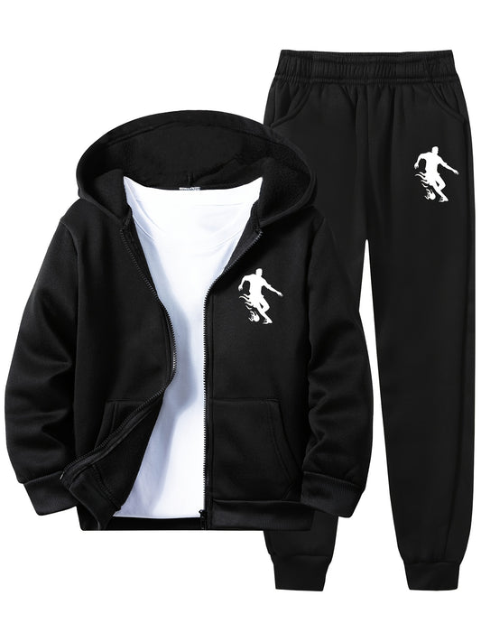 Kids' soccer player print hooded tracksuit set with polyester hoodie and sweatpants, featuring a casual geometric pattern and slight stretch fabric. Ideal for daily wear, jogging, and