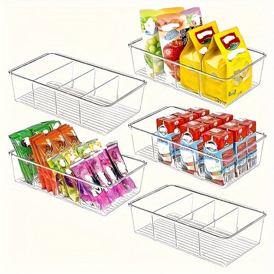 Food Storage Organizer Bins in various quantities Clear Plastic Bins with 3 Dividers, Removable Snack Organizer for Pantry Organization, Kitchen Cabinets Storage Racks for Snacks, Packets, Spices, and Pouches. Bins are stackable for easy storage.