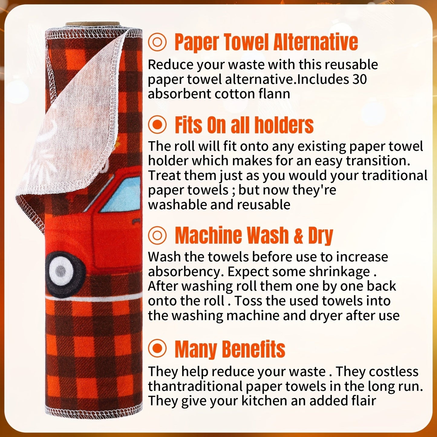 30 reusable paperless towels made of high-quality, washable material. These kitchen cleaning cloths are absorbent, dye-free, and environmentally friendly.