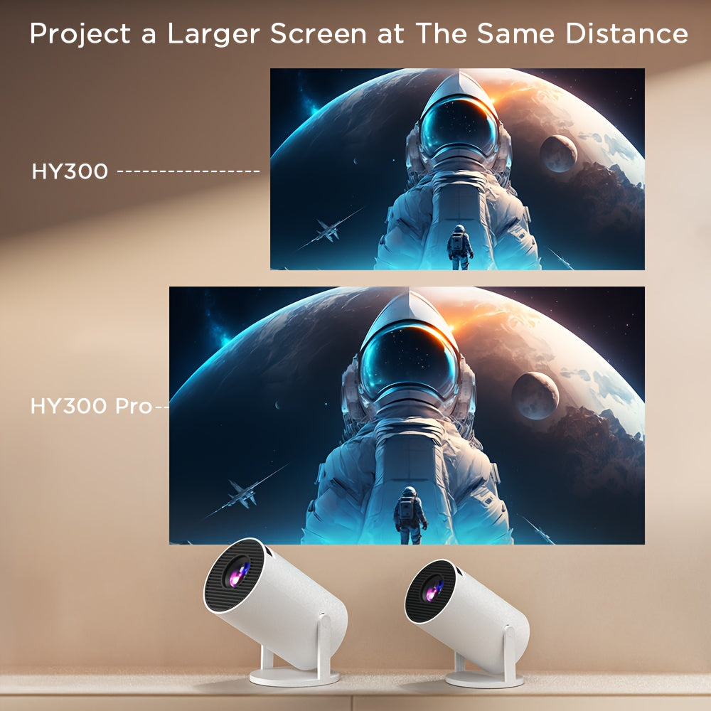 LynCast HY300 PRO Android Mini Projector with Dual WiFi6, 4K Decoding, 260ANSI, Automatic Correction, 180° Rotation, Portable for Outdoor Home Theater.