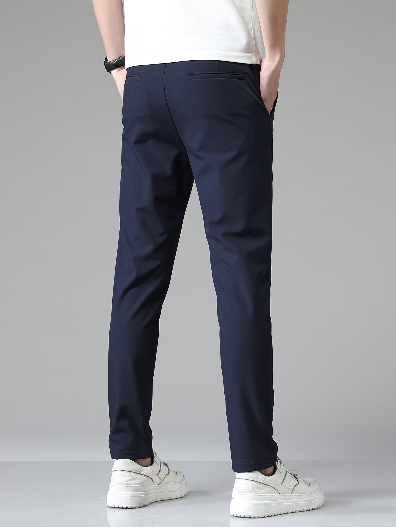 Machine washable caramel trousers, slim fit with stretch, straight-leg, woven fabric. Business casual style for 2024.