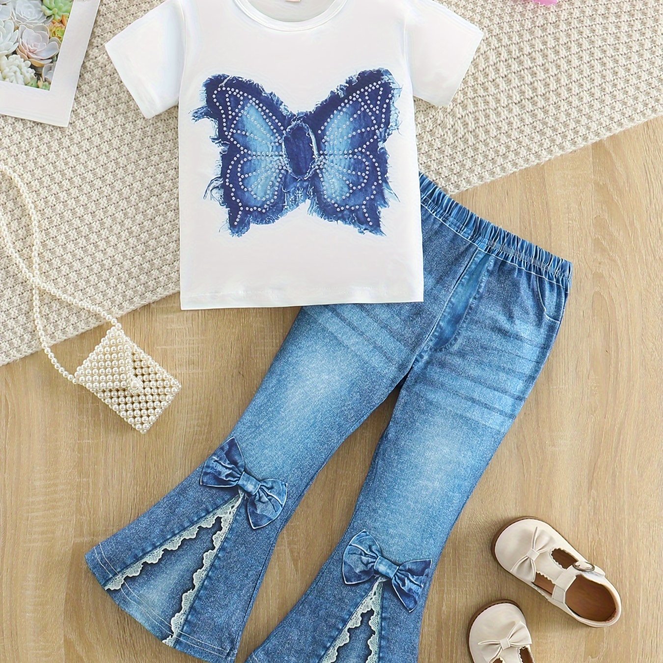 Set of 2: Butterfly short sleeve top and split denim micro bell pants