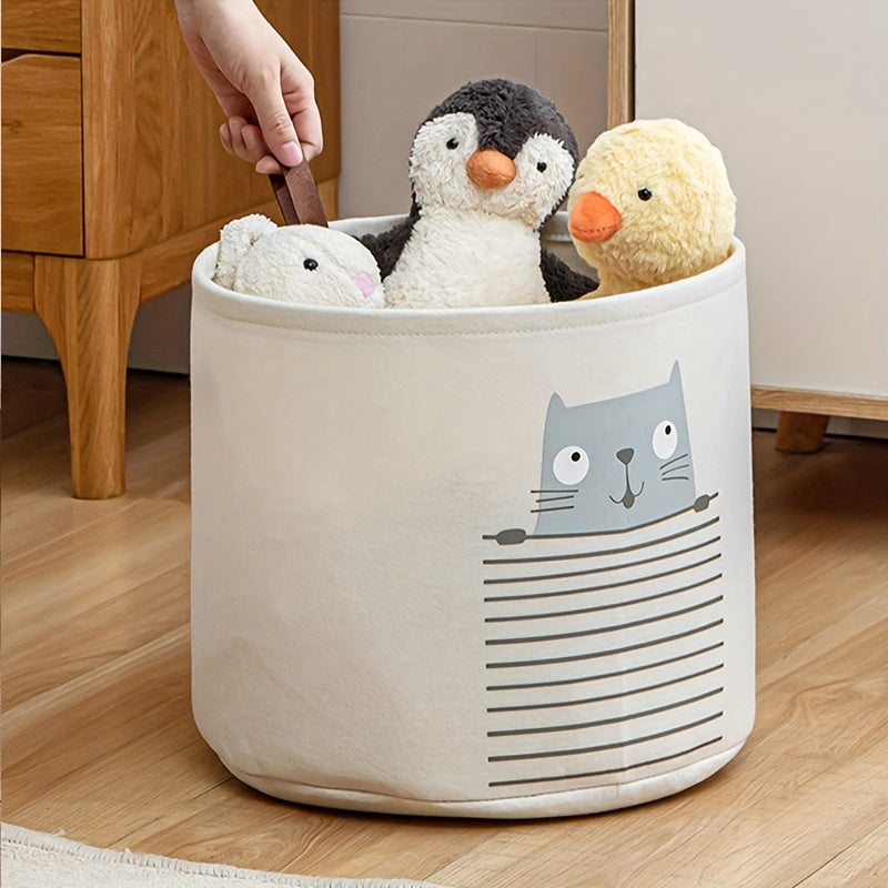 One Piece Large Capacity Felt Toy Storage Basket with Folding Laundry Hamper, featuring a Cute Animal Design. Made from Polyester Material with an Unfinished Look. Suitable for Ages 14+ and perfect for Standalone Use.