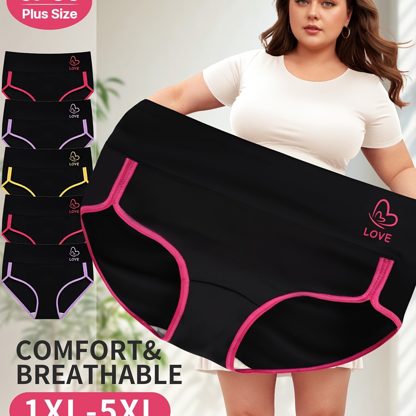 5-Pack MIOTAN Plus Size Panties for Women - Elegant mid-waist underwear with tummy control, solid color with contrast lash, made of 90% polyester and 10% elastane.