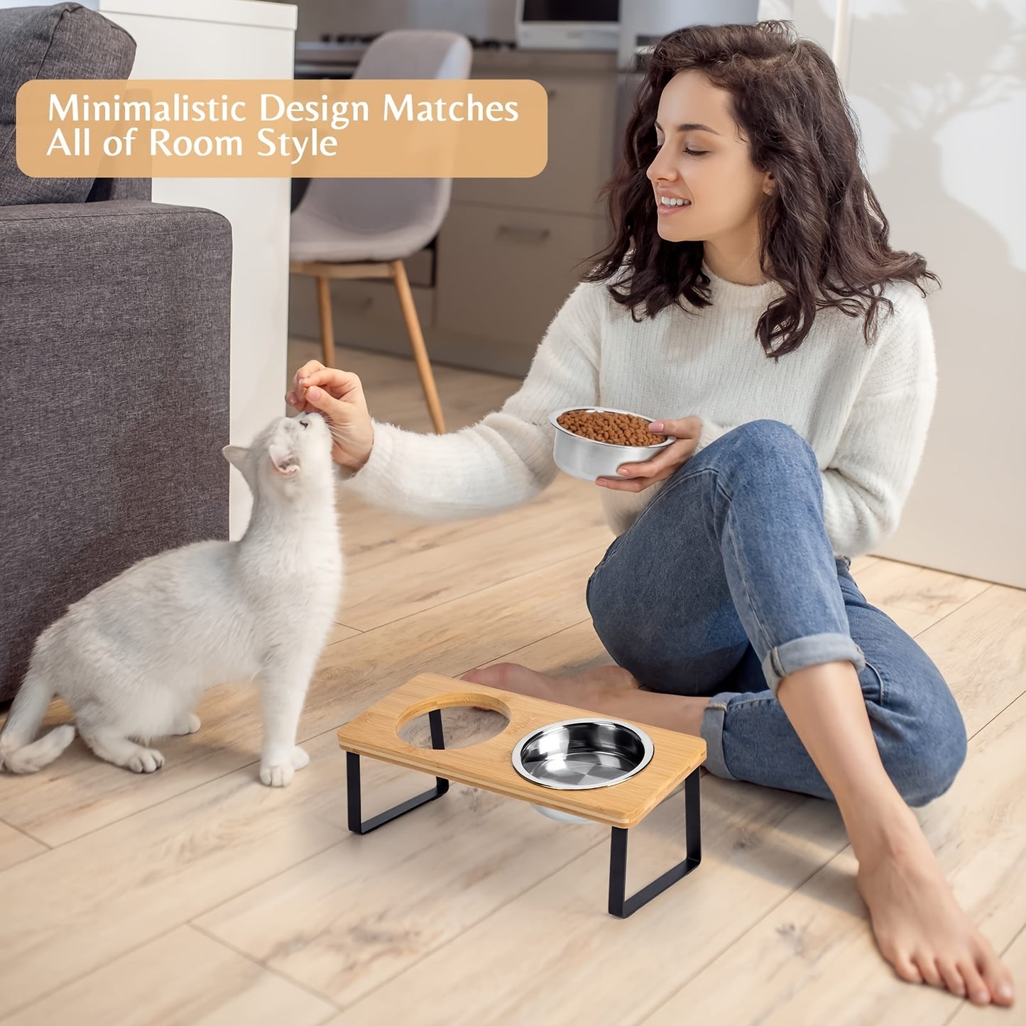 Elevated tilted cat food and water bowl set designed to prevent vomiting, with stainless steel dishes and orthopedic pet food stand for indoor cats. Easy assembly.