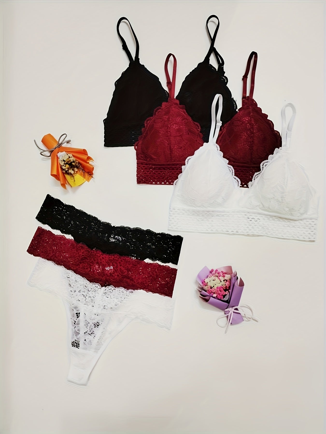 3-piece lace bra and panties set with contrast, scallop trim bralette and mesh thong lingerie set for women