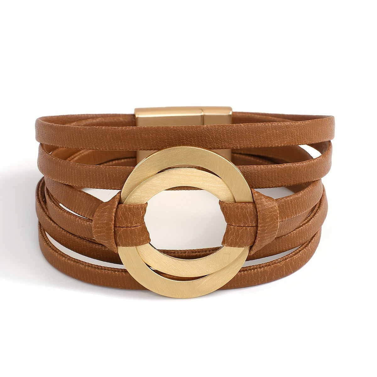 Artificial leather bracelet for women with double circle charm and magnet buckle clasp - a stylish wide bangle bracelet that makes a great gift.