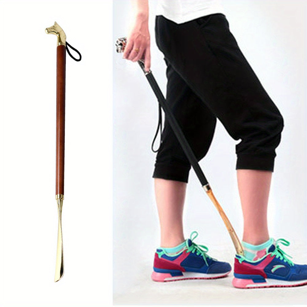 Extra long horse head shaped metal shoehorn, 55.88 cm in length, allows you to wear shoes without bending over.