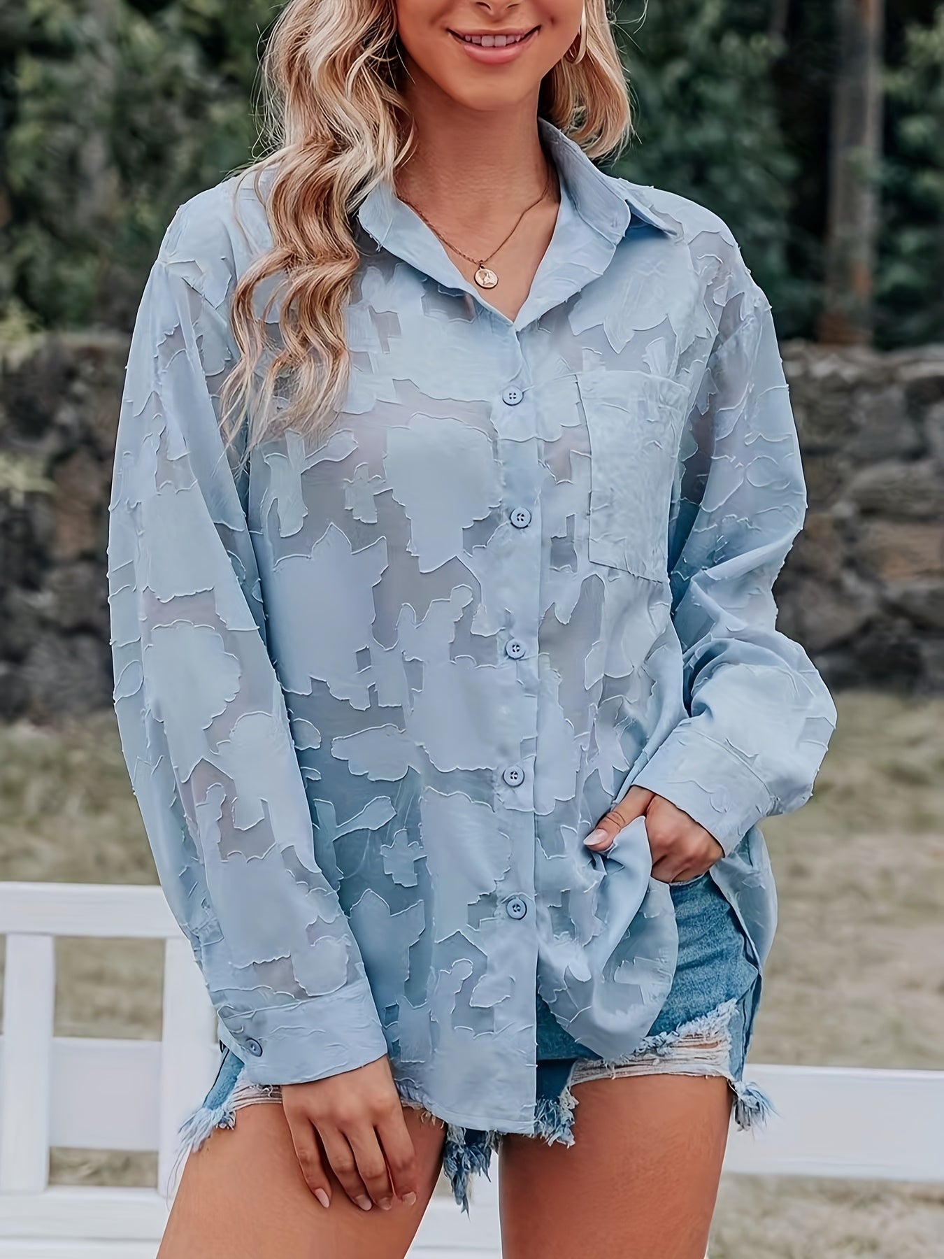 Jacquard sheer loose blouse with long sleeves, perfect for spring and fall.