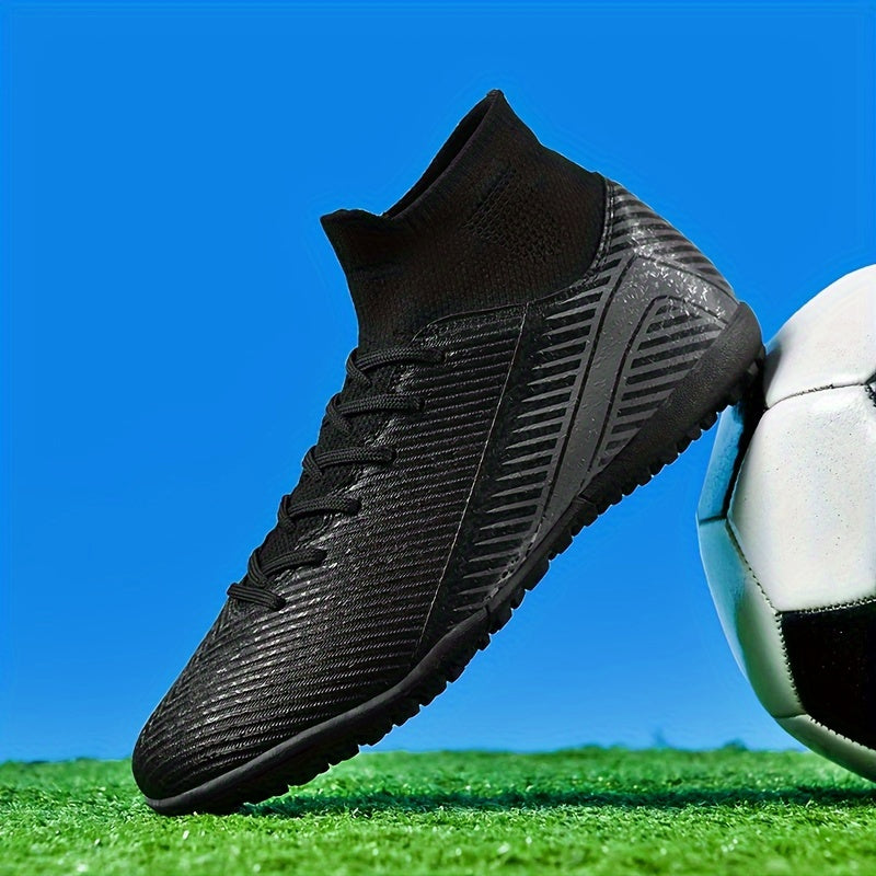 Men's soccer shoes with stripe pattern, lace-up cleats, non-slip rubber sole, durable PU upper, and TF studs for indoor and outdoor use, suitable for both youth and adults.