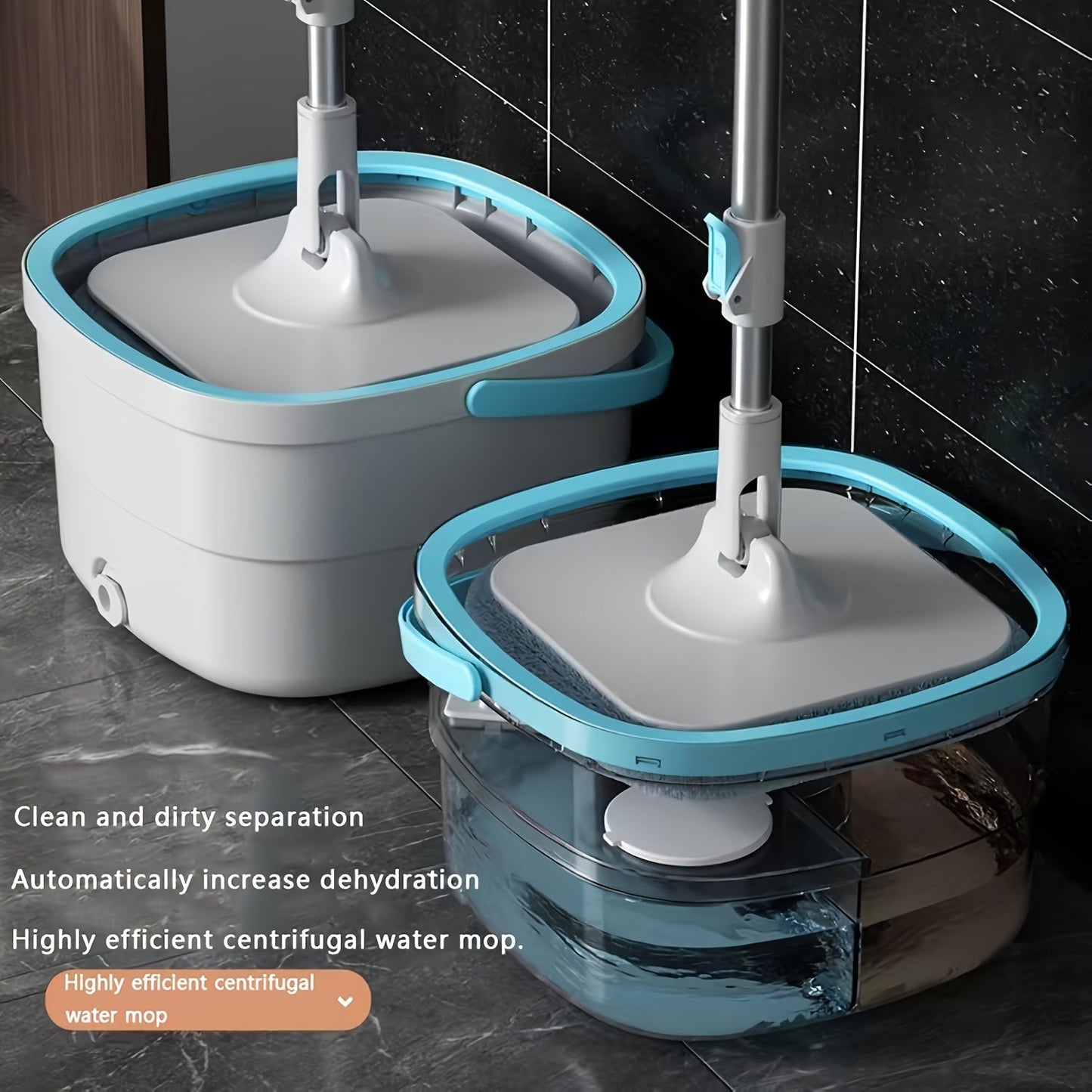 The set includes a 360° rotating microfiber mop with bucket, extendable handle, dual-use for wood and laminate, pet-friendly design, 2 pads included, integrated drain, easy-to-push handle, and is perfect for cleaning living room, kitchen, glass, walls