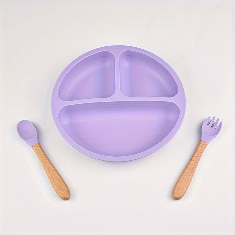 This 3-Piece Silicone Baby Feeding Set includes a suction divider plate, training spoon, and fork designed for infants and toddlers. Made from BPA-free and non-toxic materials, this flatware set promotes self-feeding. The mixed colors are suitable for