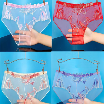 Set of 4 floral embroidered mesh thongs, low-rise semi-sheer panties for women.