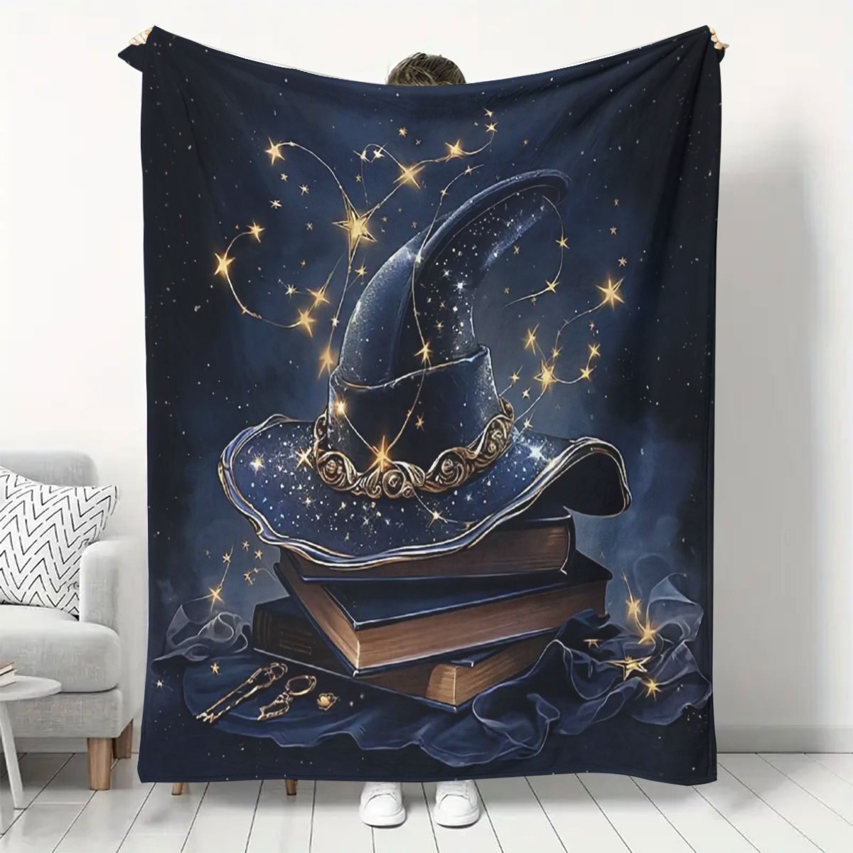 Get in the Halloween spirit with our 1 piece large book and witch hat design printed throw blanket. Made of soft flannel fleece, it is perfect for using on your sofa, bed, or while traveling or camping. This blanket is also great for adding a cozy touch