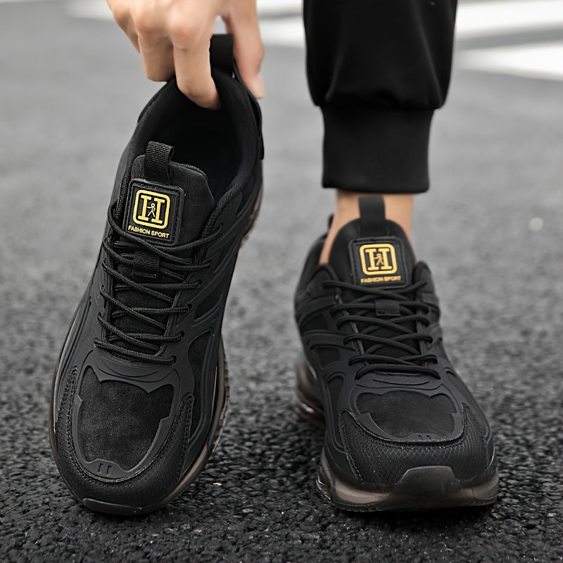 RLS Men's Road Running Shoes - Stylish Black with Golden Accents, Breathable Mesh Lining, Durable Rubber Sole, Secure Lace-Up Closure - Ideal for Casual & Athletic Wear, All-Season Comfort