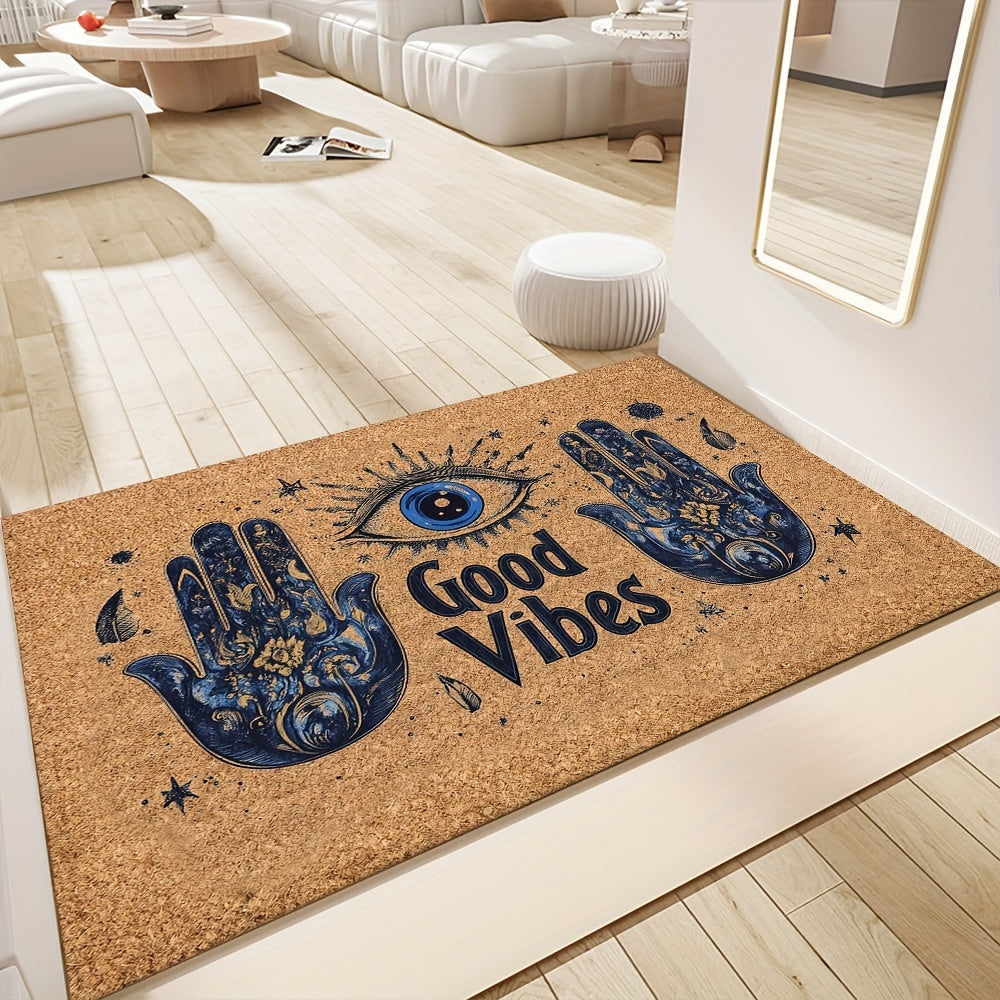 Non-Slip Evil Eye Welcome Mat: This machine washable polyester rug, with rubber backing, is perfect for both indoor and outdoor use. Ideal for the entryway, bedroom, or balcony, this lightweight rectangular floor mat makes the perfect Christmas gift for