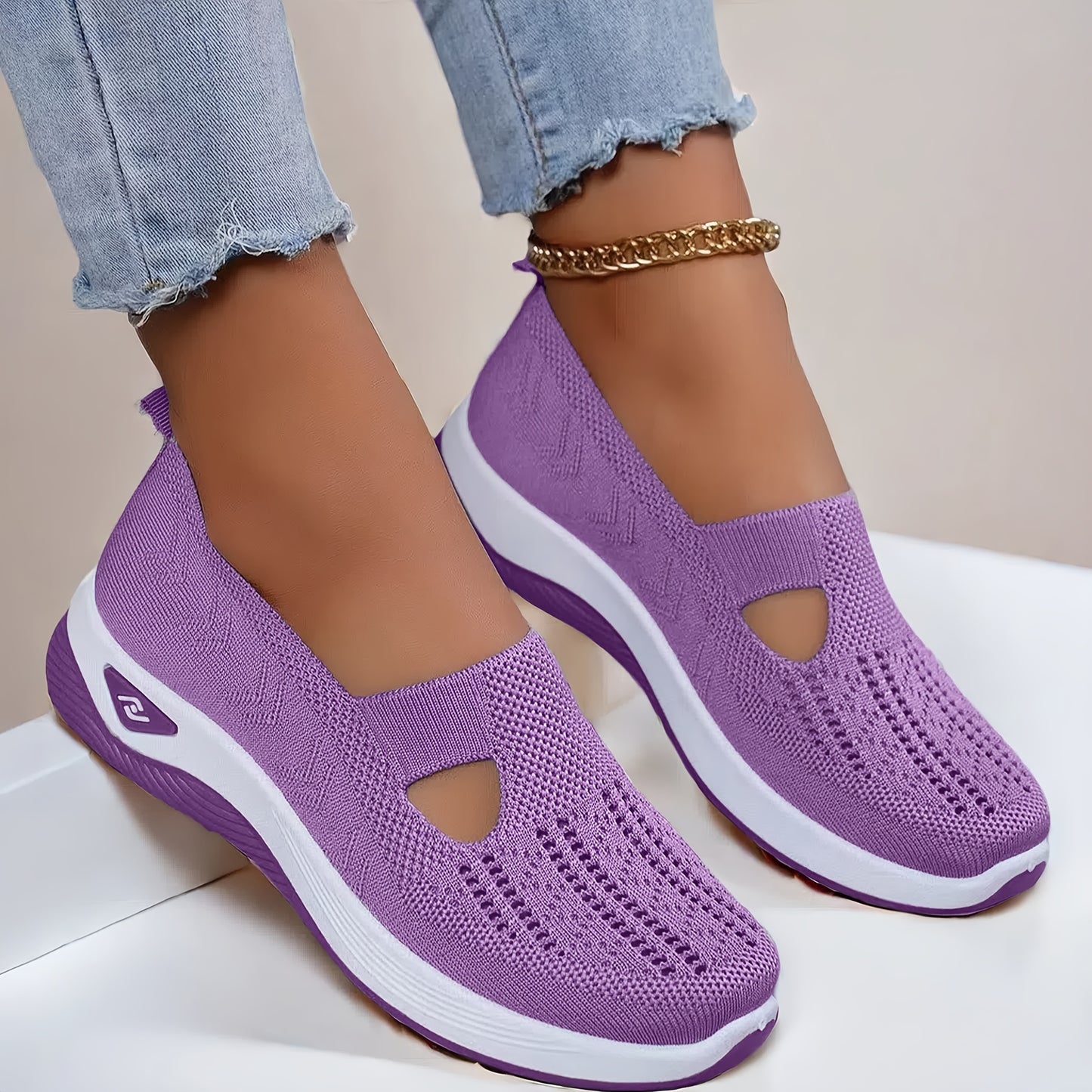 Women's lightweight knitted sneakers with PVC sole, fabric insole and upper, all-season wear, slip-on closure, machine washable.