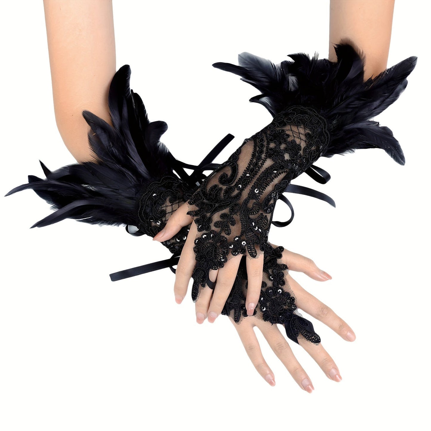 Chic Gothic-inspired gloves with faux feathers, monochrome lace, sequins, and lace-up hooks. Perfect for Halloween parties or dressing up your wrists.