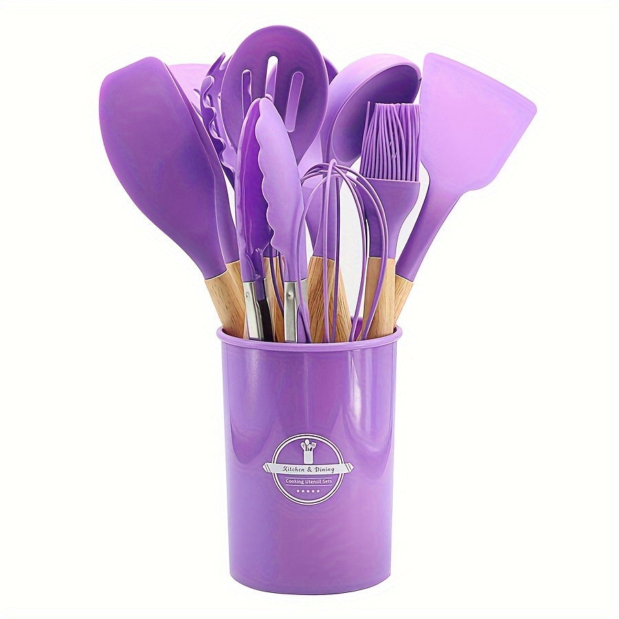 Set of 11/12 pieces Kitchenware with Wooden Handles, including Silicone Non-stick Pot, Cooking Shovel, Spoon, Storage Bucket, and Non-stick Shovel. An essential collection of high-quality kitchen utensils and items.