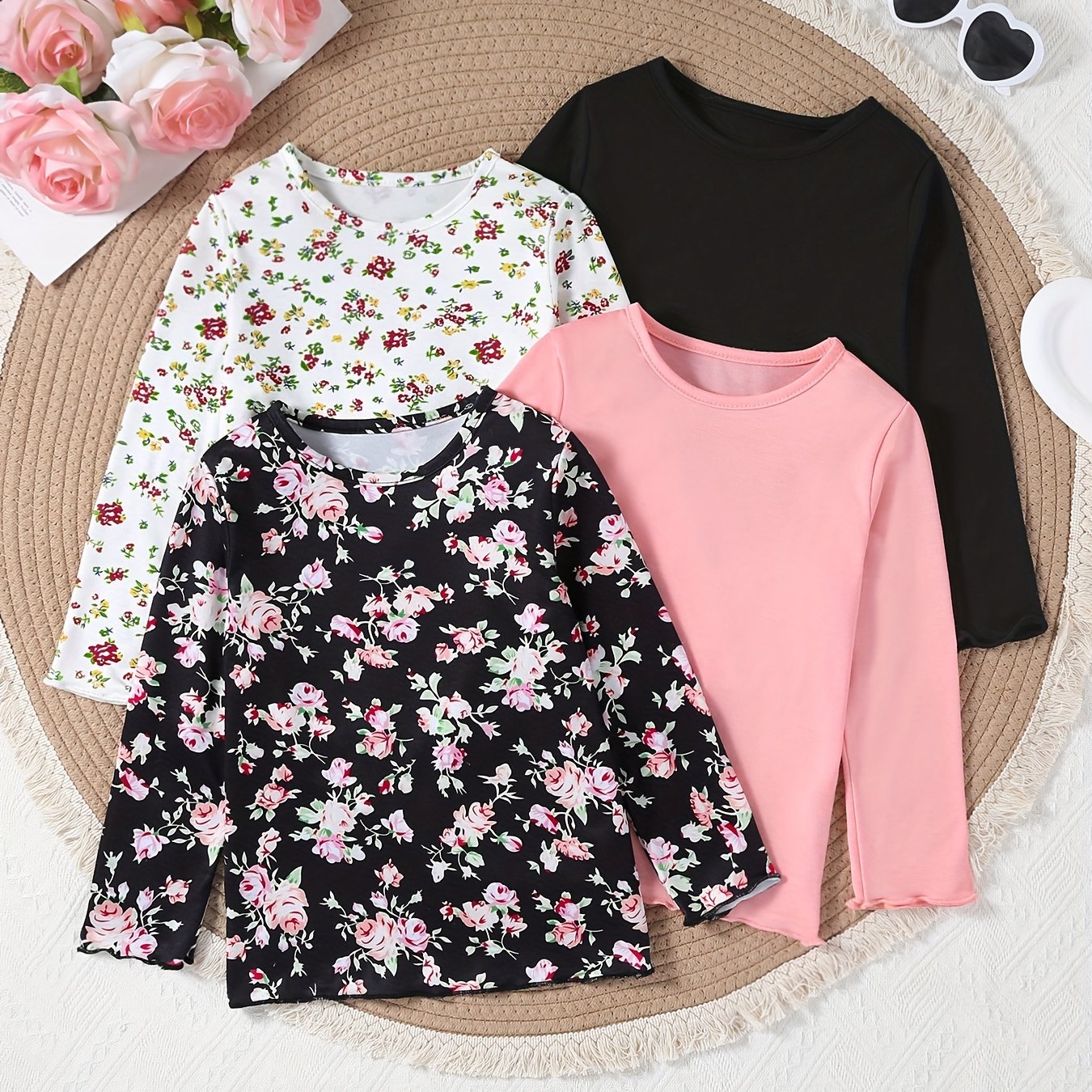 4-piece set of girls' long sleeve t-shirts with solid colors or allover flower patterns, perfect for spring and fall street wear.