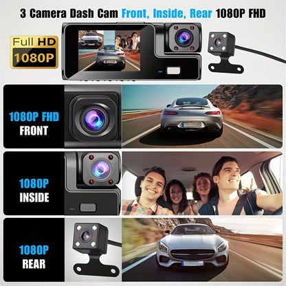 ANNJIATUU Triple Camera Car Dash Camera with Front 1080P, 480P Rear Camera, IR Night Vision, Loop Recording, Wide-Angle DVR Camera, IPS Screen